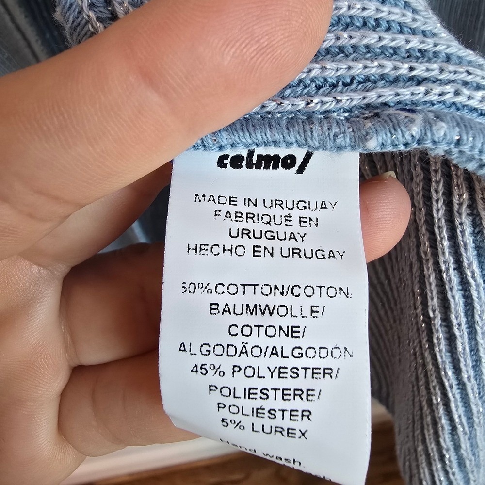 Free People x Celmo Shimmer Blue Three Button Cardi Sweater Cardigan SZ MediumY - Picture 8 of 9